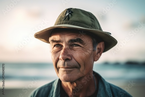 Portrait of senior man with hat on the beach at sunset.