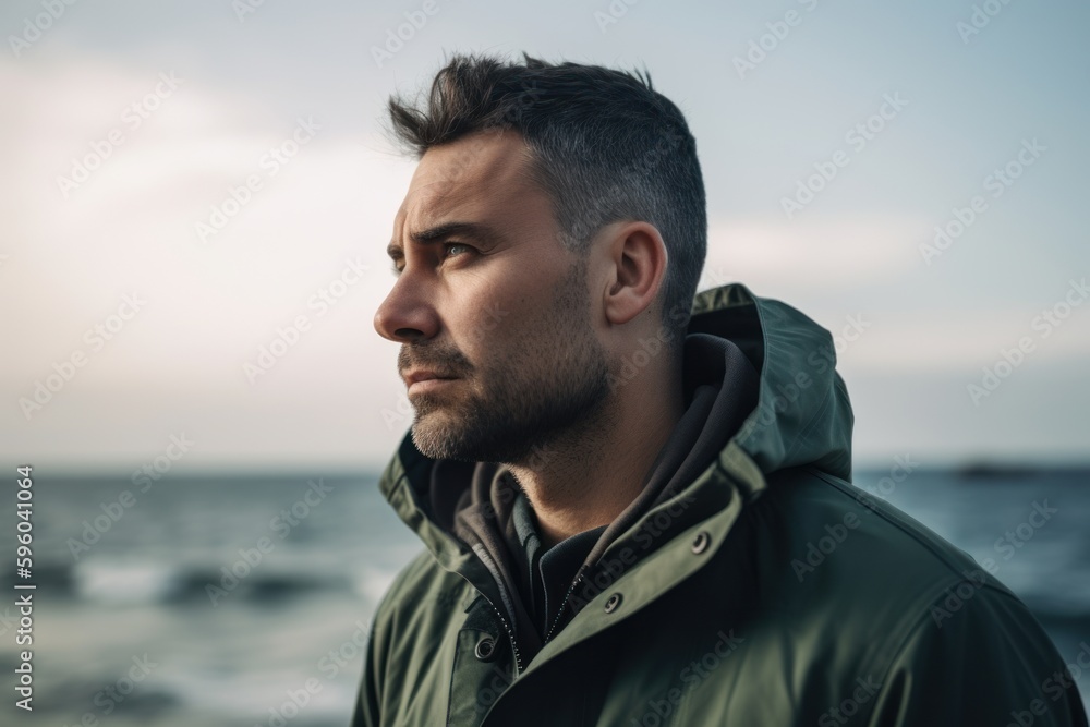 Portrait of a handsome man in a green jacket on the seashore Portrait of a handsome man in a green jacket on the seashore