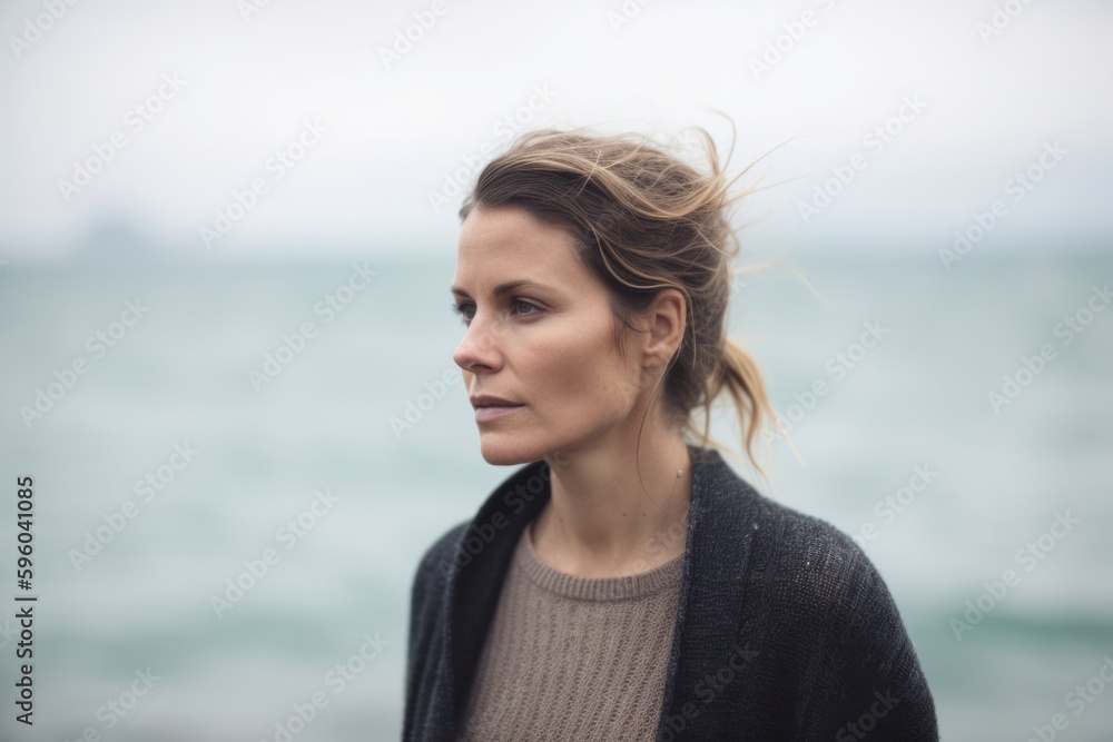 Portrait of a beautiful young woman at the seaside in autumn