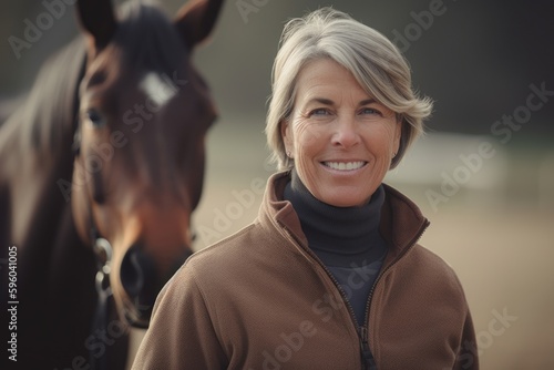 Portrait of a beautiful mature woman with a horse in the background