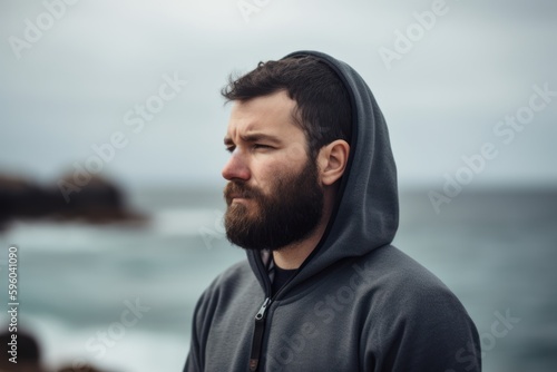 Portrait of a bearded man in a sweatshirt against the background of the sea.