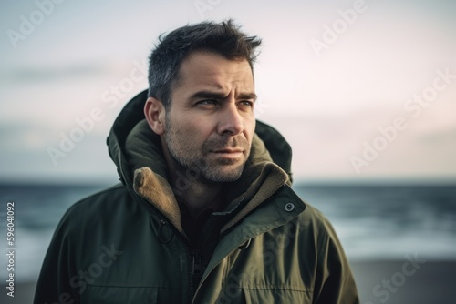 Portrait of a handsome man in winter jacket on the beach.