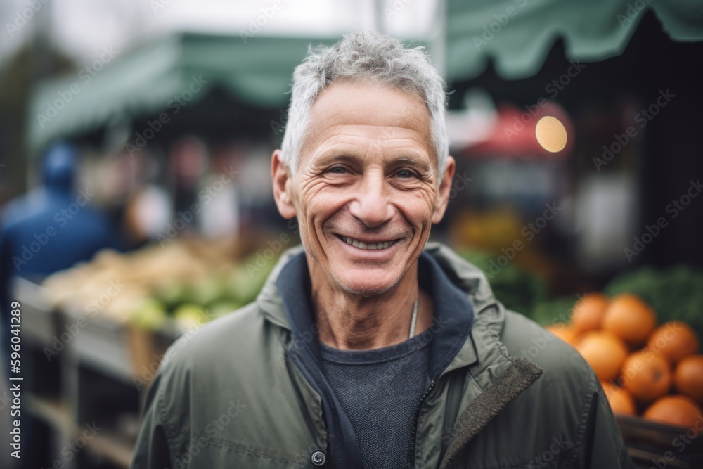 Portrait of smiling senior man standing at market stall and looking at camera Portrait of smiling senior man standing at market stall and looking at camera
