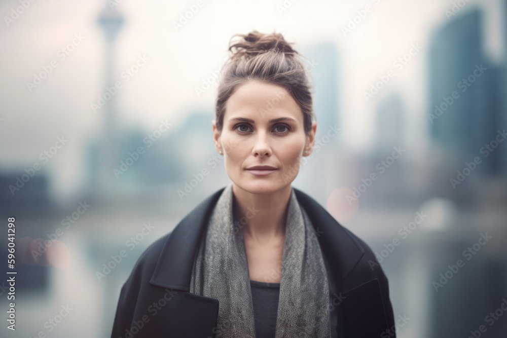 Portrait of a beautiful young woman in the city on a foggy day Portrait of a beautiful young woman in the city on a foggy day
