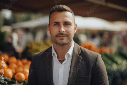 Portrait of a handsome young man with a beard and mustache in a jacket on the background of a market stall.