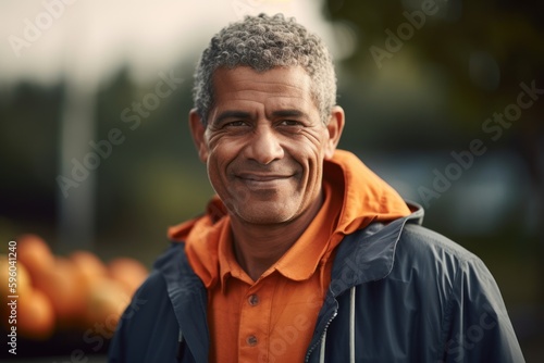 Portrait of smiling middle-aged man in orange jacket standing outdoors