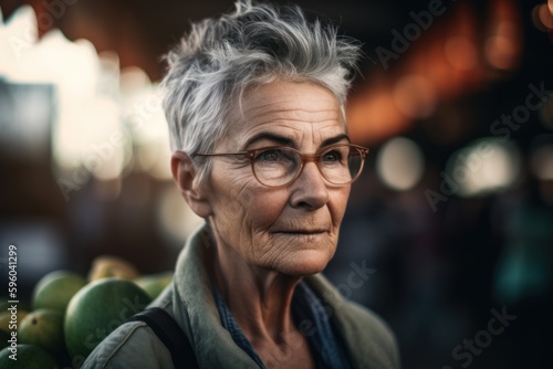 Portrait of senior woman with eyeglasses looking at camera while standing in market