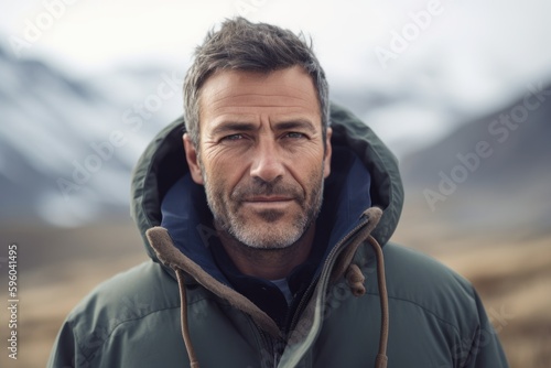 Handsome middle-aged man with a beard in a green jacket in Iceland.