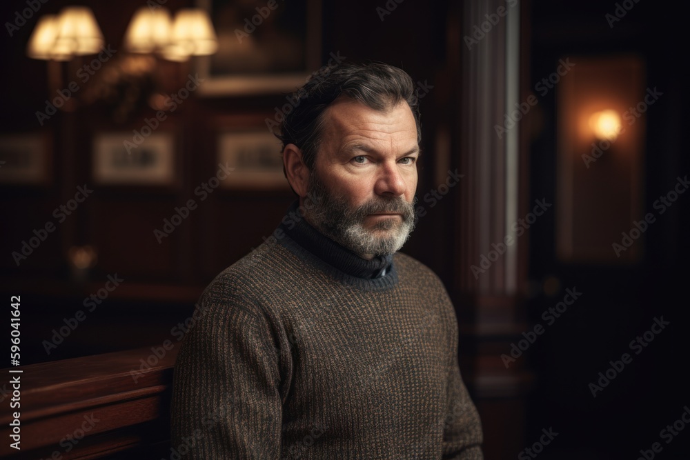 Medium shot portrait photography of a satisfied man in his 40s wearing a cozy sweater against a victorian or historical interior background. Generative AI Medium shot portrait photography of a satisfied man in his 40s wearing a cozy sweater against a victorian or historical interior background. Generative AI