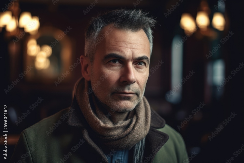Portrait of a man in a coat and scarf in a cafe Portrait of a man in a coat and scarf in a cafe