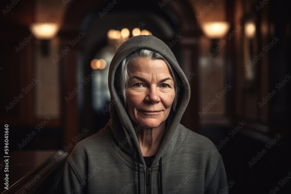 Portrait of an elderly woman in a hooded sweatshirt.