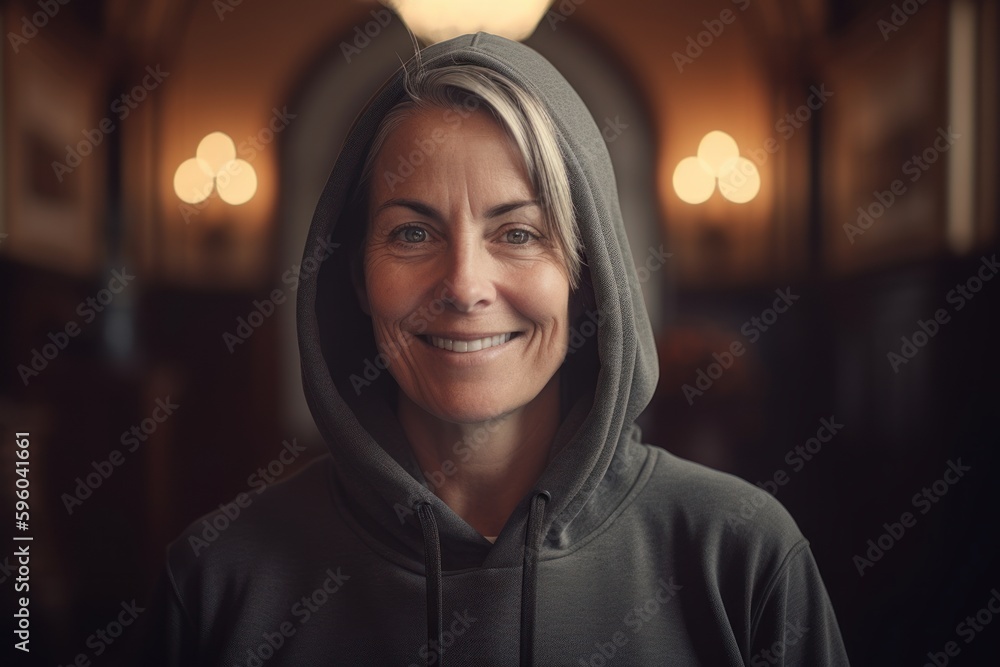 Portrait of a smiling mature woman wearing hoodie in a cafe Portrait of a smiling mature woman wearing hoodie in a cafe