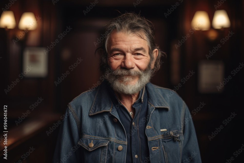 Portrait of a senior man in a denim jacket with a gray beard. Portrait of a senior man in a denim jacket with a gray beard.