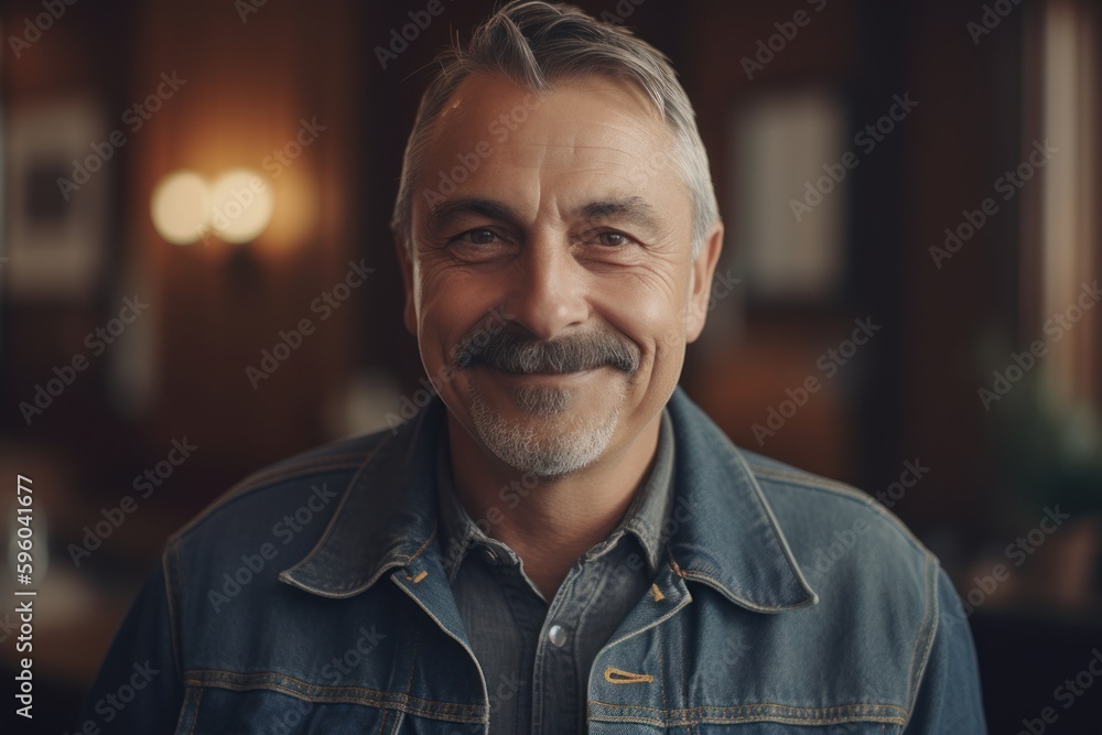 Portrait of handsome mature man with grey beard looking at camera and smiling while standing indoors Portrait of handsome mature man with grey beard looking at camera and smiling while standing indoors