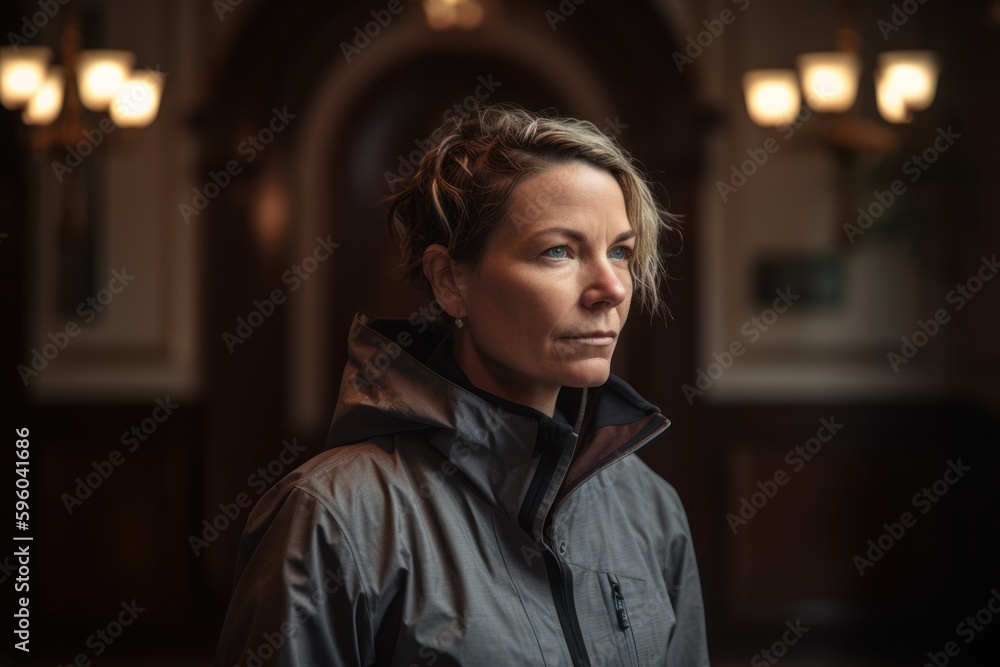 Fototapeta premium Portrait of a middle aged woman in a dark room in the church
