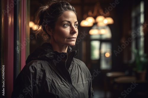Portrait of a beautiful young woman in a black jacket in a cafe