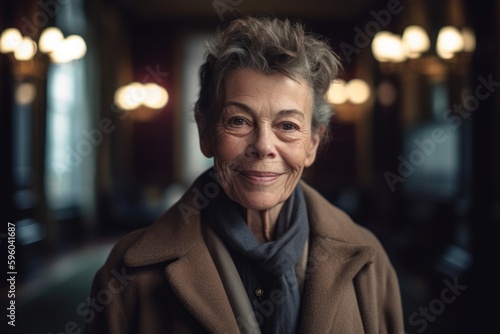 Portrait of smiling senior woman in coat looking at camera in cafe