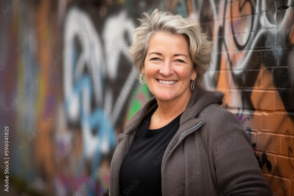 Portrait of a smiling senior woman in front of a graffiti wall