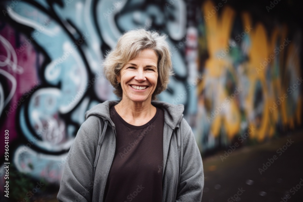 Portrait of smiling senior woman standing against graffiti wall in the street Portrait of smiling senior woman standing against graffiti wall in the street