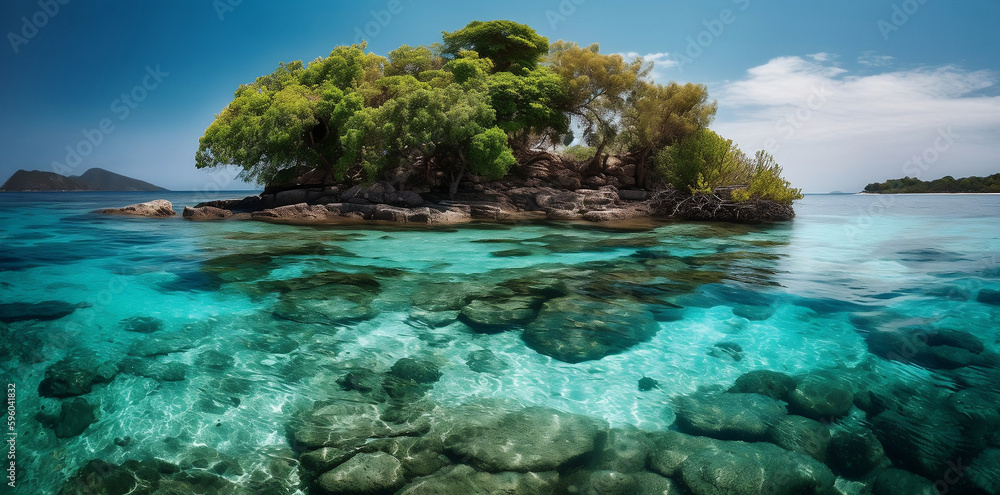 Tropical island surrounded by transparent turquoise water and coral