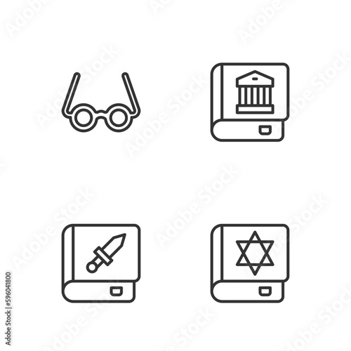 Set line Jewish torah book, Book about weapon, Glasses and Law icon. Vector