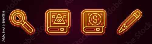 Set line Magnifying glass, Ancient magic book, Financial and Pencil with eraser. Glowing neon icon. Vector