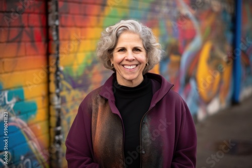 Portrait of a smiling senior woman standing in front of graffiti wall