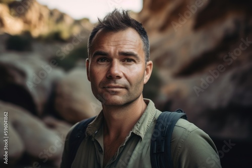 Portrait of a man with a backpack standing in the mountains.