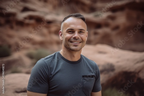 Portrait of a handsome young man smiling while standing in a desert