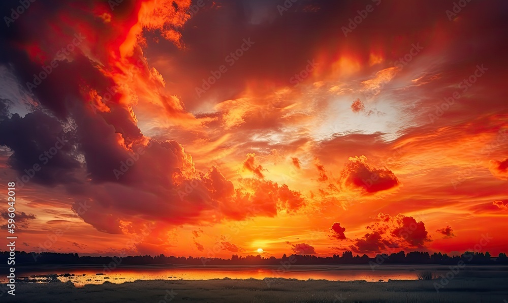 Bright orange sky and light of the sun, Sky background on sunset, Nature composition, Panoramic sunset sky background, generative AI Bright orange sky and light of the sun, Sky background on sunset, Nature composition, Panoramic sunset sky background, generative AI