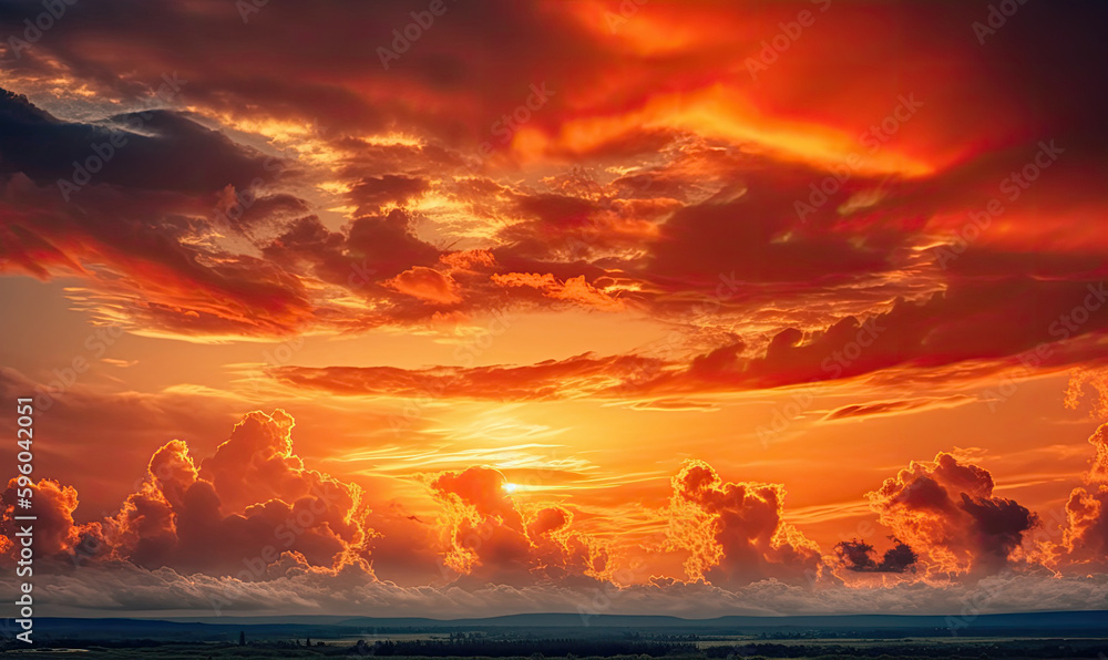 Bright orange sky and light of the sun, Sky background on sunset, Nature composition, Panoramic sunset sky background, generative AI Bright orange sky and light of the sun, Sky background on sunset, Nature composition, Panoramic sunset sky background, generative AI