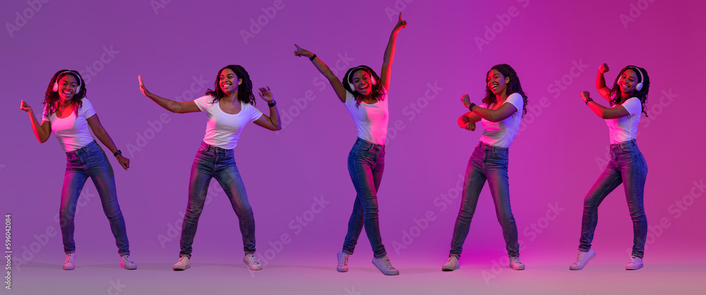 Creative Collage With Happy Black Woman Dancing In Neon Light Creative Collage With Happy Black Woman Dancing In Neon Light