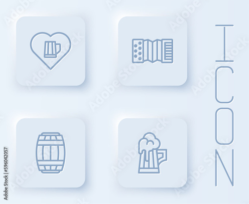 Set line Heart with glass of beer, Accordion, Wooden barrel and mug. White square button. Vector