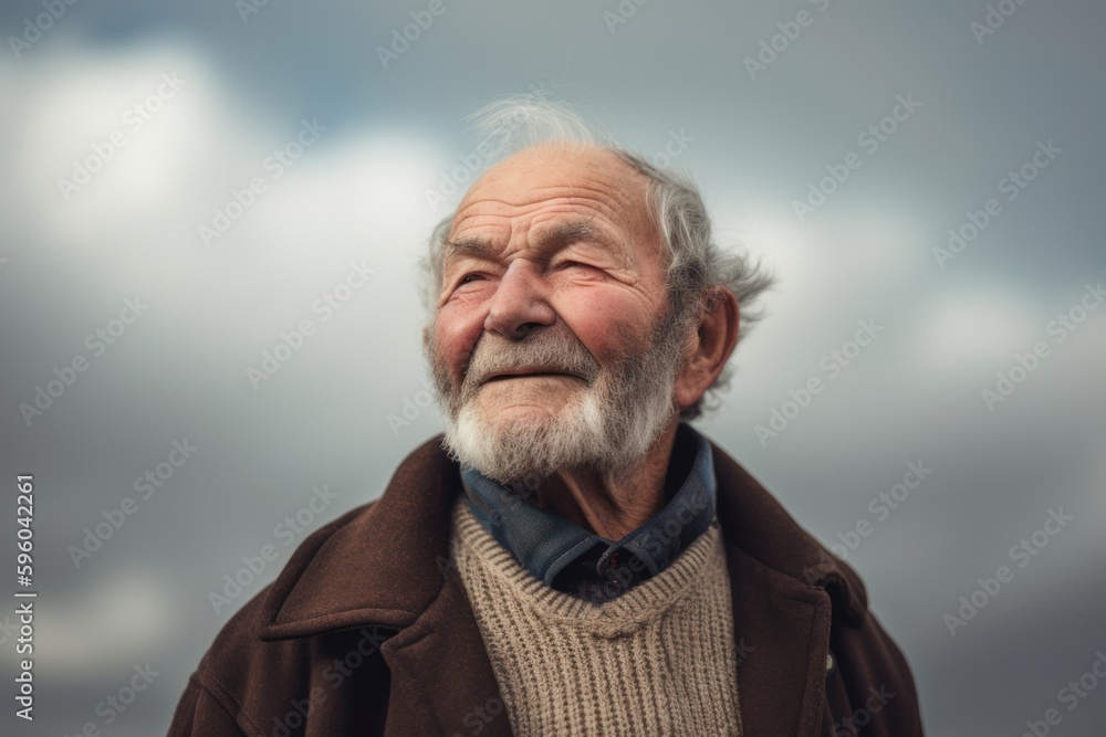 Portrait of senior man with grey hair and beard on cloudy sky background