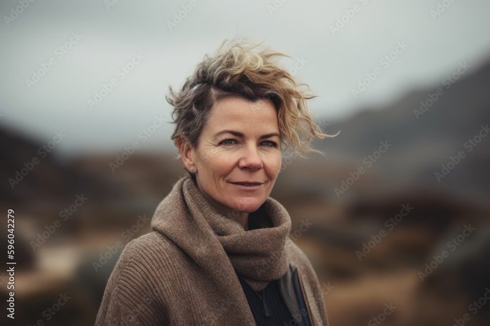 Portrait of a middle-aged woman with short hair in the mountains Portrait of a middle-aged woman with short hair in the mountains