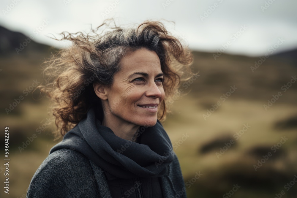 Portrait of beautiful middle aged woman with curly hair in the countryside Portrait of beautiful middle aged woman with curly hair in the countryside