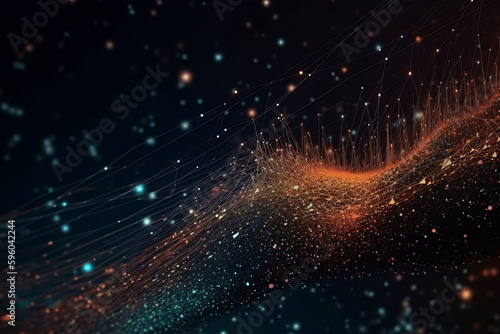 Big data sci-fi abstract background with particles on optical fiber digital network connecting servers. Cyberspace, internet or innovation concept