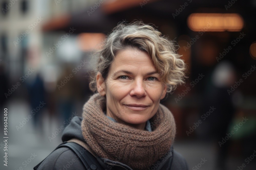 Portrait of a middle-aged woman with short wavy hair in the city Portrait of a middle-aged woman with short wavy hair in the city