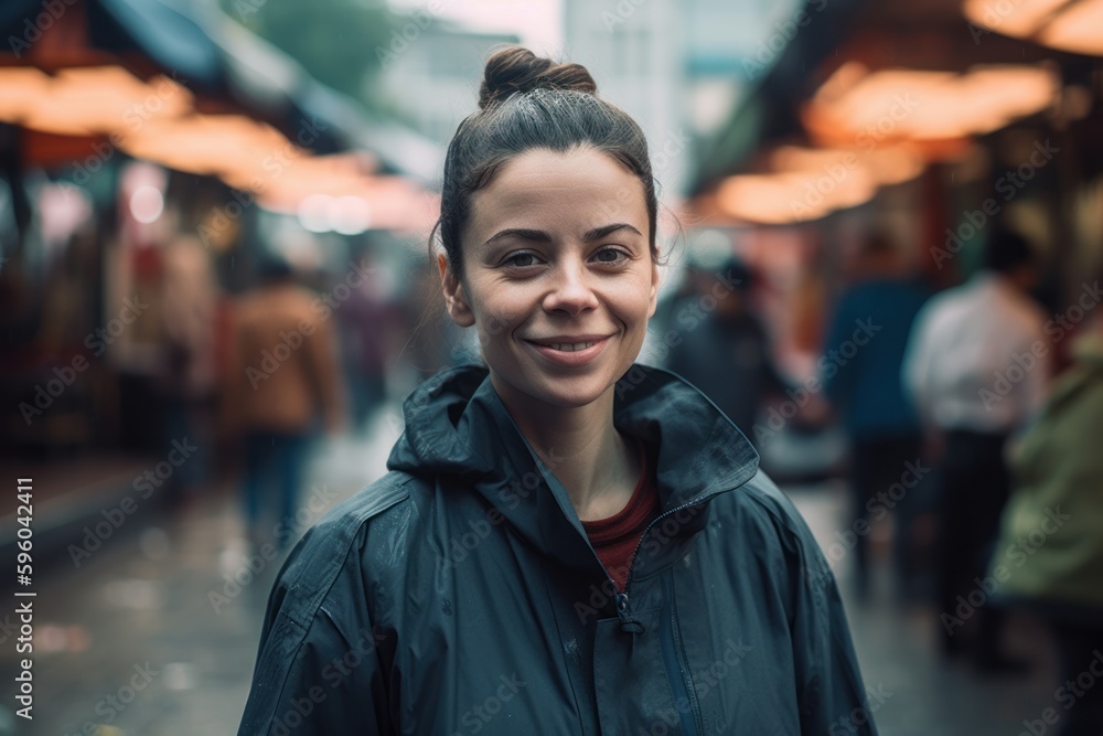 Portrait of a smiling young woman in a raincoat on the street