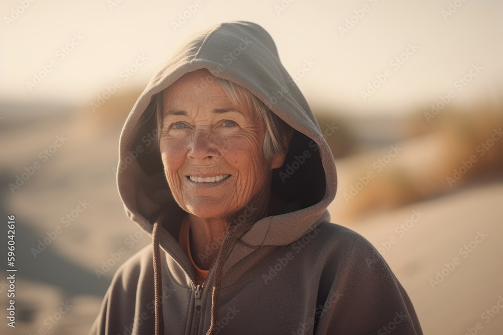 Portrait of happy senior woman in hooded sweatshirt on beach Portrait of happy senior woman in hooded sweatshirt on beach
