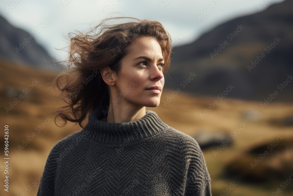 Portrait of a beautiful young woman with windy hair in the mountains Portrait of a beautiful young woman with windy hair in the mountains