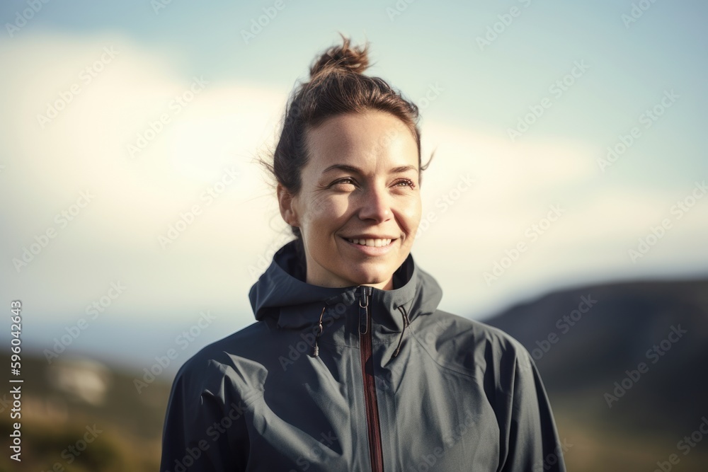 Portrait of a smiling young woman standing in the mountains looking at camera Portrait of a smiling young woman standing in the mountains looking at camera