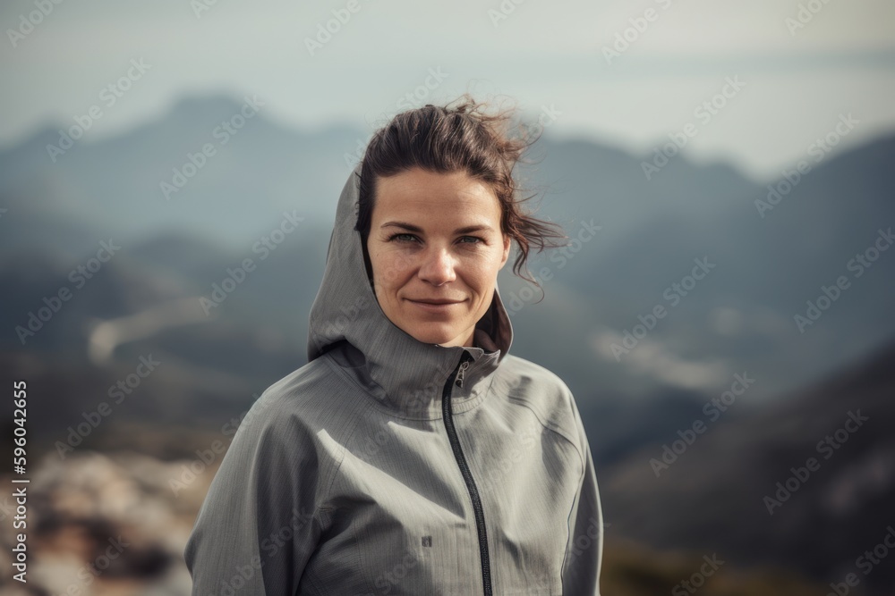 Portrait of a young woman in a jacket on the top of a mountain