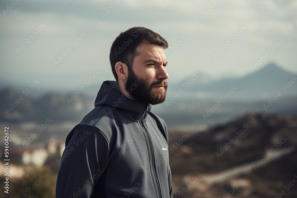 Handsome bearded man in sportswear standing on top of a mountain and looking away