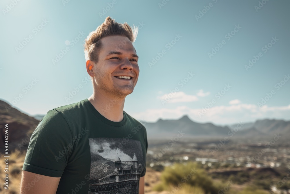 Portrait of a smiling young man standing in the desert on a sunny day