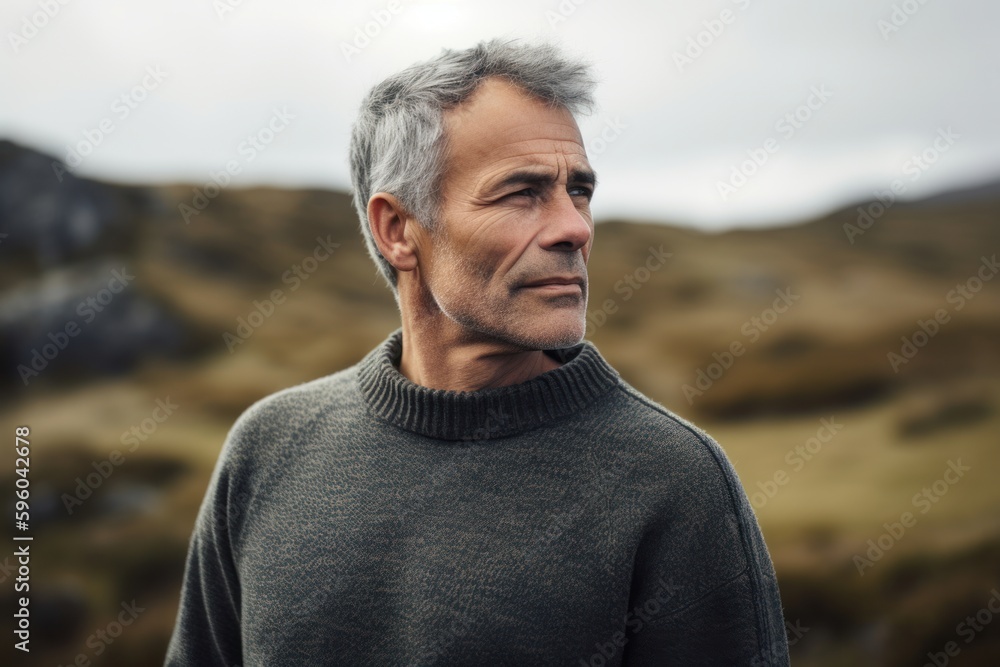 Portrait of thoughtful senior man standing in field on a cloudy day Portrait of thoughtful senior man standing in field on a cloudy day