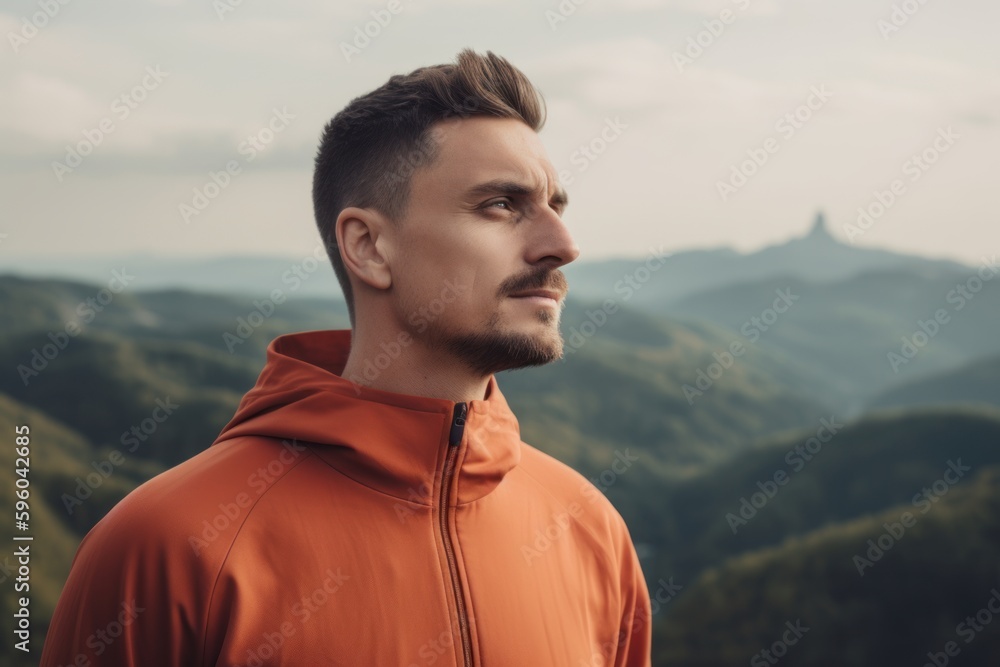 Handsome young man in sportswear standing on top of a mountain and looking away Handsome young man in sportswear standing on top of a mountain and looking away