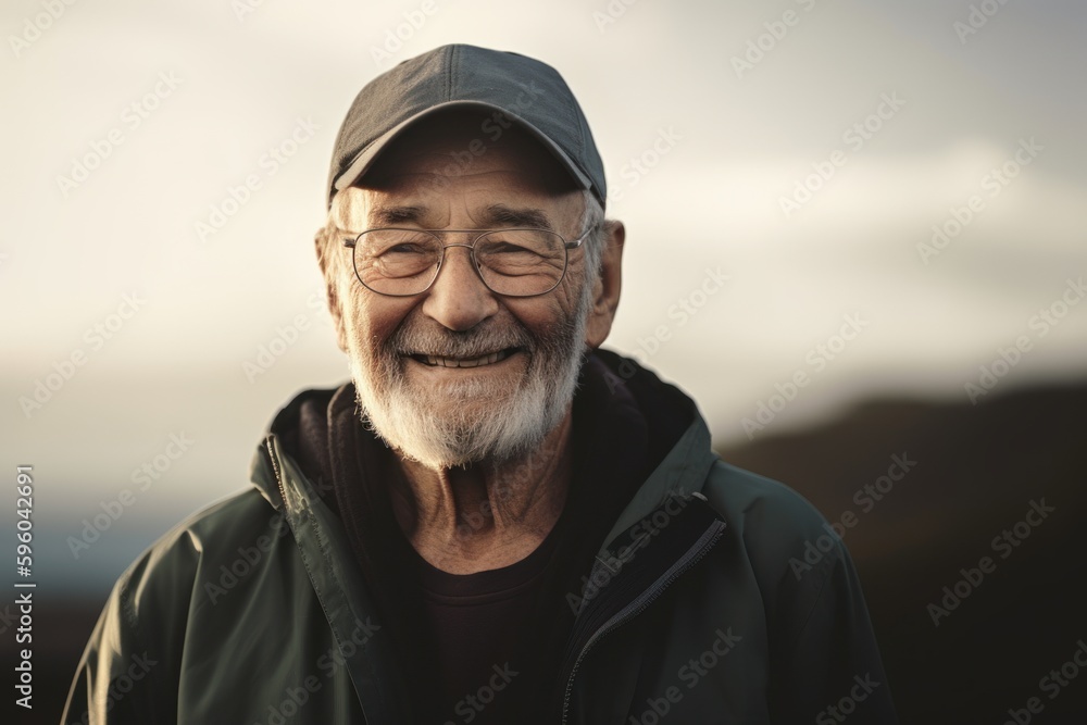Portrait of senior man in cap and glasses looking at camera outdoors