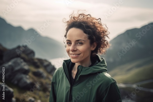 Portrait of a beautiful young woman with curly hair in the mountains