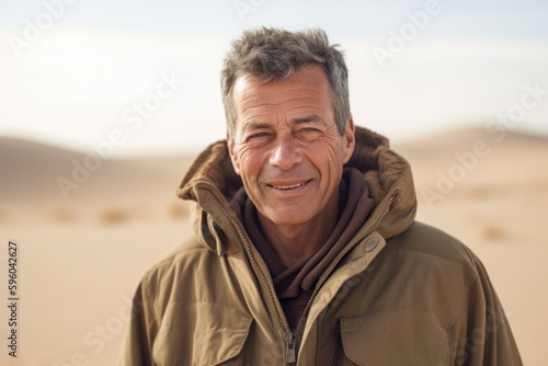 Medium shot portrait photography of a pleased man in his 50s wearing a warm parka against a sand dune background. Generative AI